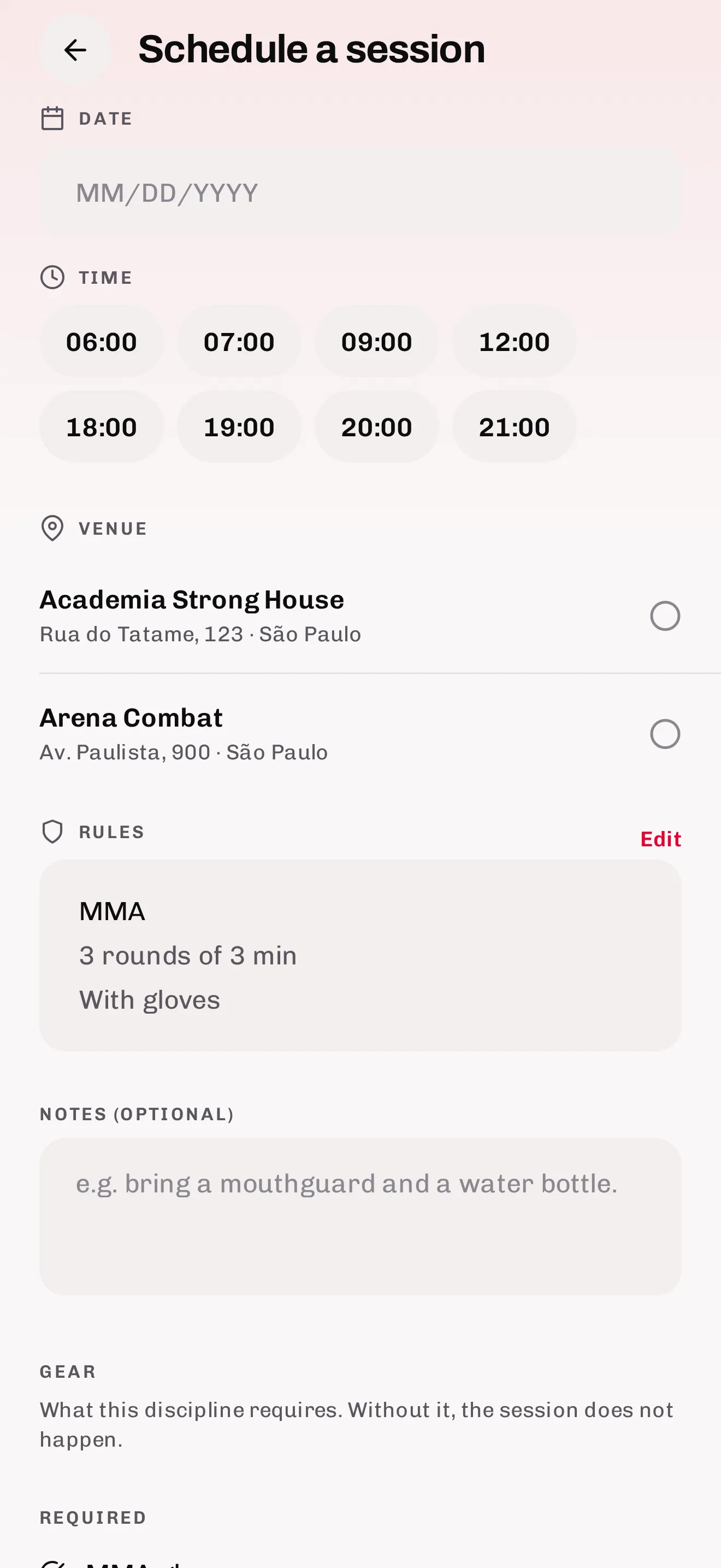 Training schedule